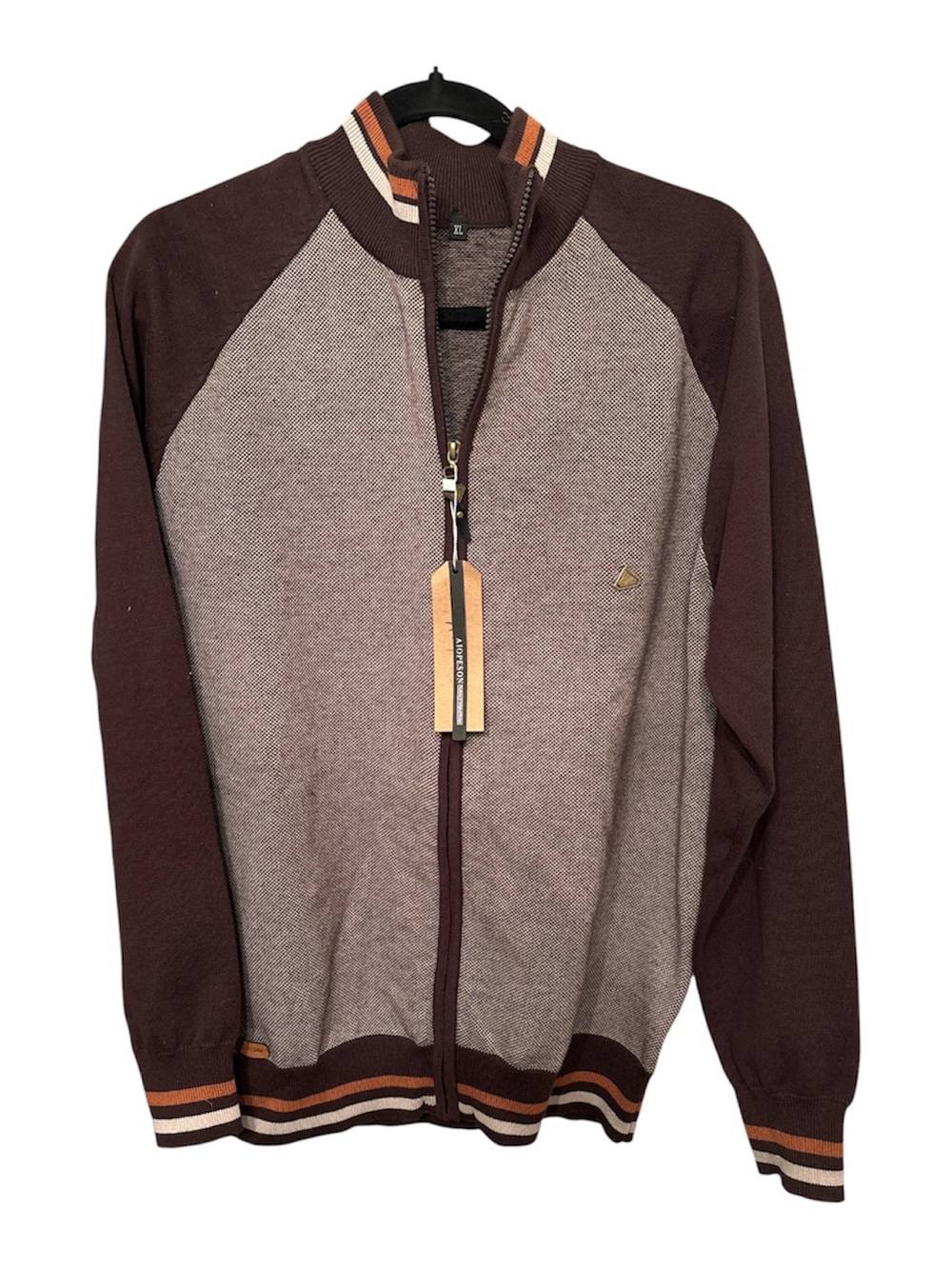 Men's Full-Zip Two-Tone Brown and Beige Raglan Sweater Jacket